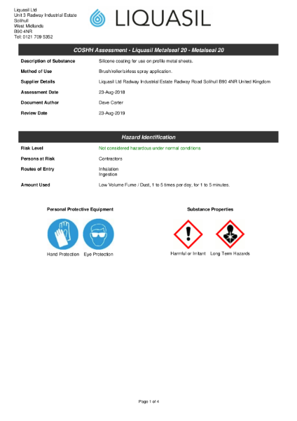 Metalseal, BBA Approved metal roof coating and metal cladding coating. COSSH Assessment