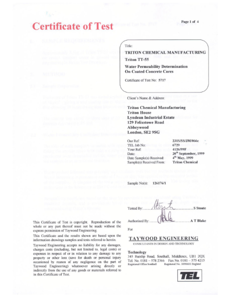 Triton TT55 - Water permeability test certificate 5717