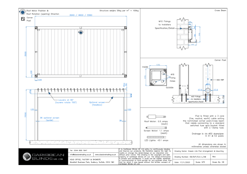 CB - Classic Lite Pod | General Arrangement & Mounted | Louvered Pergola