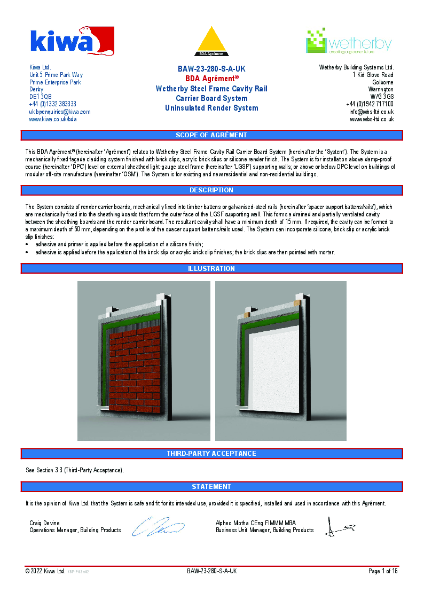 Wetherby Steel Frame Cavity Rail Carrier Board Systems - KIWA BDA