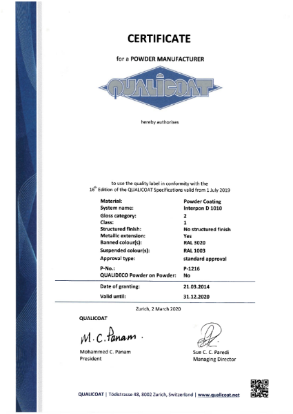 Powder Coating Qualicoat 1 Certificate 2020