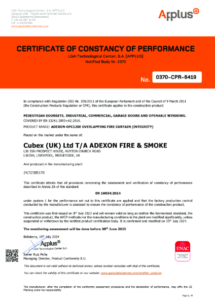 Adexon-OFC120E Overlapping Fire Curtain (Integrity) - Certificate 0370-CPR-6419 -- EN 16034_2014 -- Exp 25,06,30