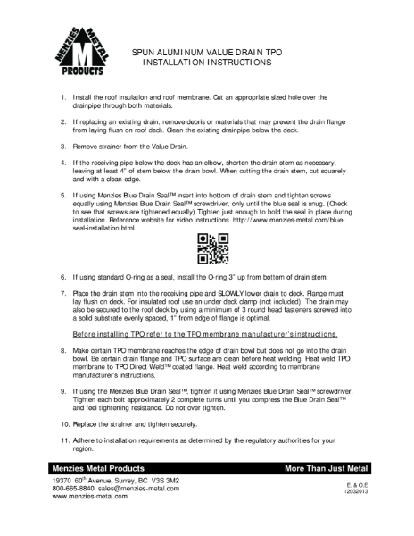 INSTALLATION INSTRUCTIONS - SPUN ALUMINUM VALUE DRAIN - TPO