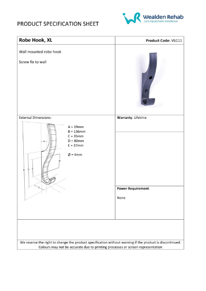 Robe Hook, XL - Product Specification Sheet