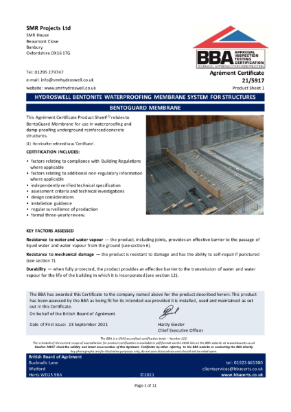 Hydroswell BentoGuard Membrane: Agrément Certificate 21/5917
