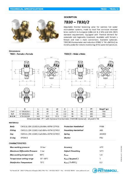 Pettinaroli Thermal Balancing Valve TB30 Data Sheet