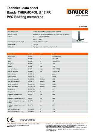 BauderTHERMOFOL U 12 FR PVC Roofing membrane (Light Grey) – Technical Data Sheet