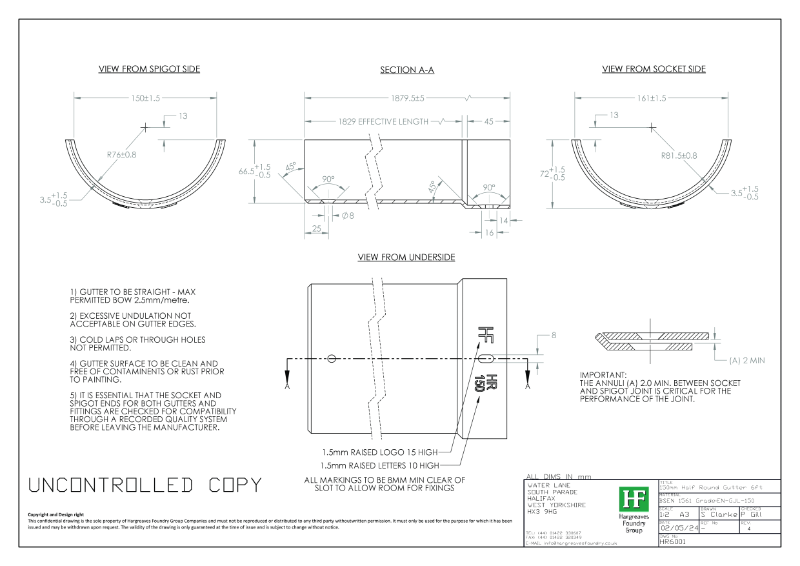 150mm Half Round Gutter Drawing