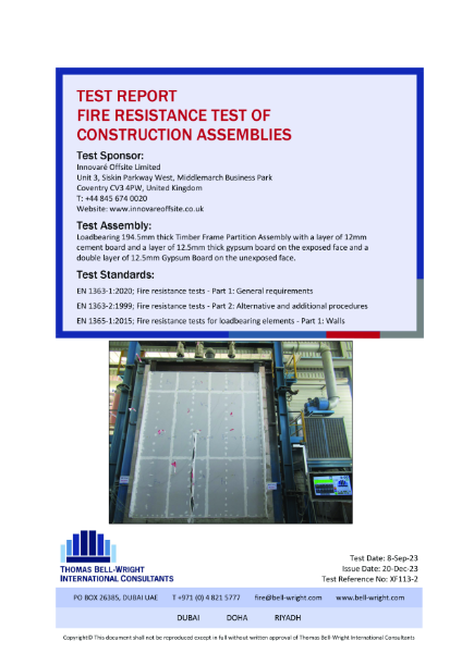 Fire Resistance Test of Construction Assemblies - 5m Height Fully Loadbearing “i-FAST” 208mm thick timber frame partition assembly  Testing in Dubai