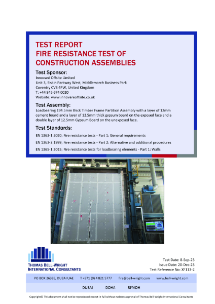 Timber frame fire test to EN 1365-1 - 60 minutes