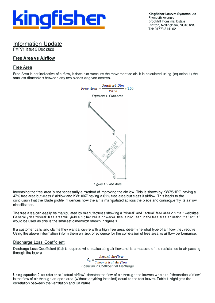 Kingfisher Louvres - Information Update - Free Area v Airflow