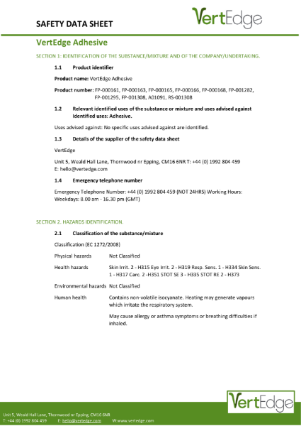 VertEdge adhesive spec/safety/data