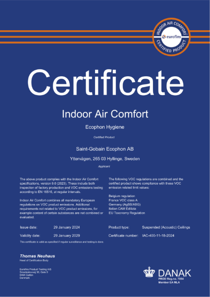 Ecophon Eurofins Certificate - Hygiene - Indoor Air Comfort - January 2029