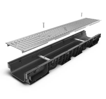 BASE 150P Channel drain with galvanised steel slotted grating, A15 - Drainage Channels with Grating