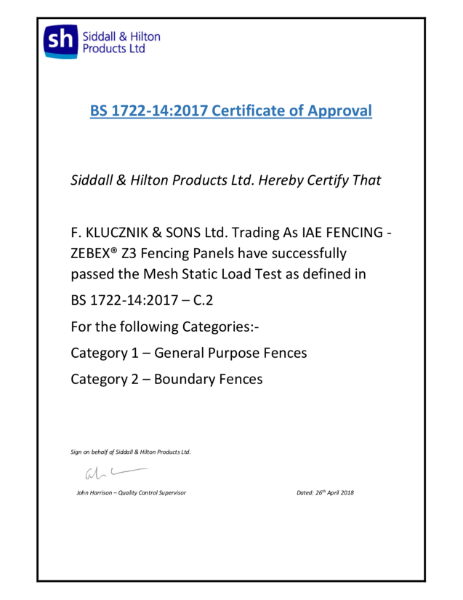 Zebex Mesh Static Load Test Certificate (BS 1722-14:2017)