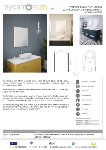 Specification Sheet for Windsor Illuminated Mirrors