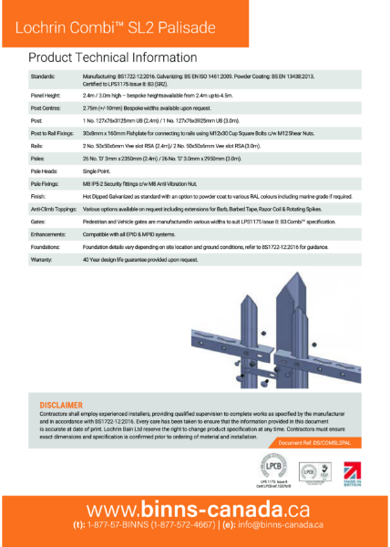 Lochrin Bain Combi SL2 Palisade Fencing Product Sheet