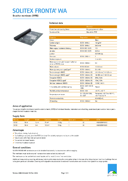 Solitex Fronta WA Technical Datasheet