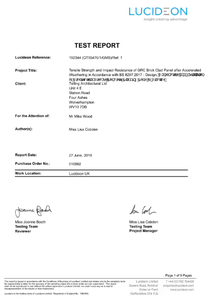 Tensile Strength and Impact Resistance of GRC Brick Clad Panel after Accelerated Weathering