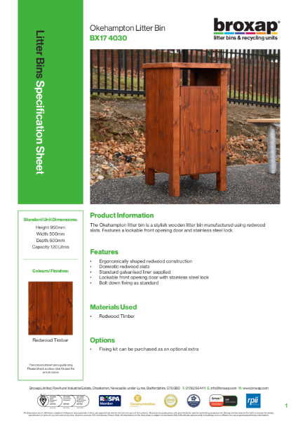 Okehampton Timber Litter Bins Specification Sheet