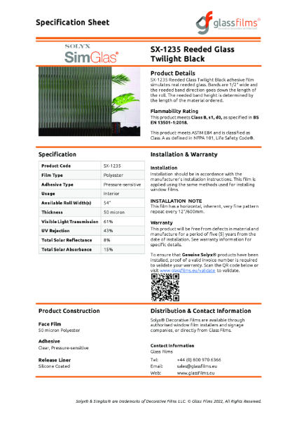 SX-1235 Reeded Glass Twilight Black Specification Sheet