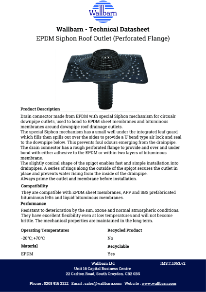 Datasheet - EPDM Circular Downpipe Roof Outlet (Perforated Flange)