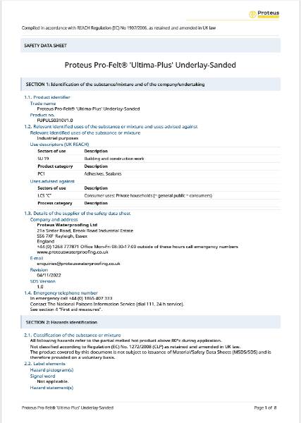 Safety Data Sheet - Proteus Pro-Felt® Ultima Plus Sanded Underlay