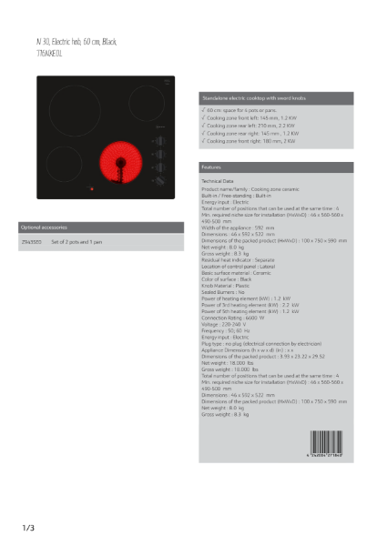 Ceramic hobs T16NKE0L, Datasheet