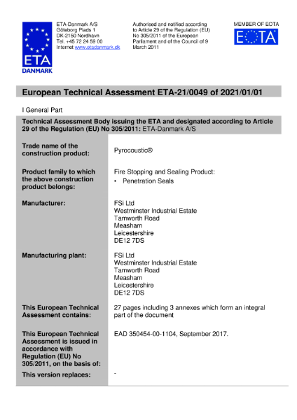 ETA-21-0049 - Pyrocoustic® Penetration Seals