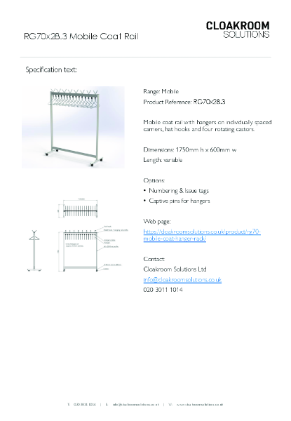 RG70x28.3 Mobile Coat Rail Specification Text