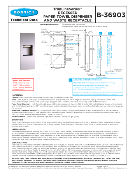 B-36903 Recessed Paper Towel Dispenser and Waste Receptacle