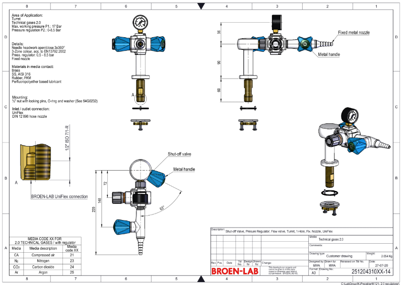 Table mounted laboratory 0-8.5 bar pressure regulator purity level 2.0 TDS