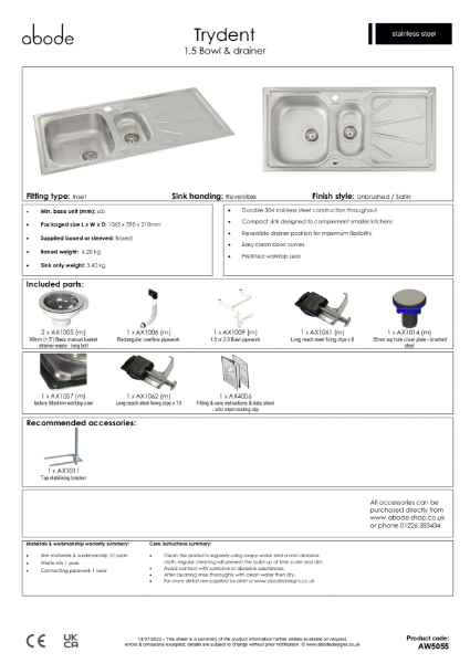 AW5055 Trydent. Stainless Steel Inset Sink (One and a Half Bowl) - Consumer Spec