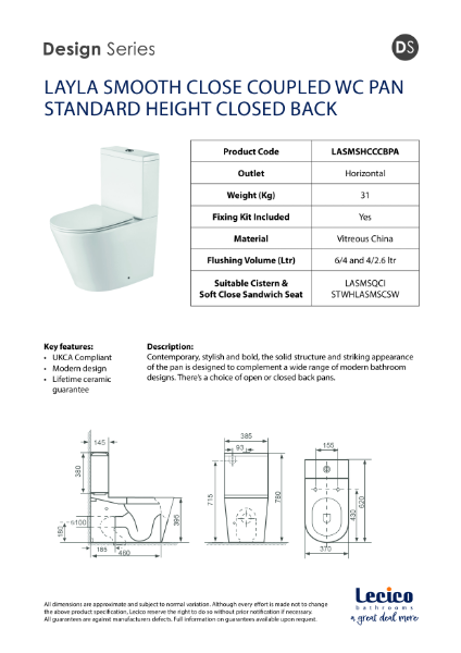 LAYLA SMOOTH CLOSE COUPLED WC PAN STANDARD HEIGHT CLOSED BACK