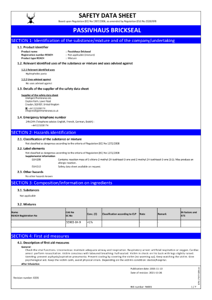 Passivhaus Brickseal Safety Data Sheet