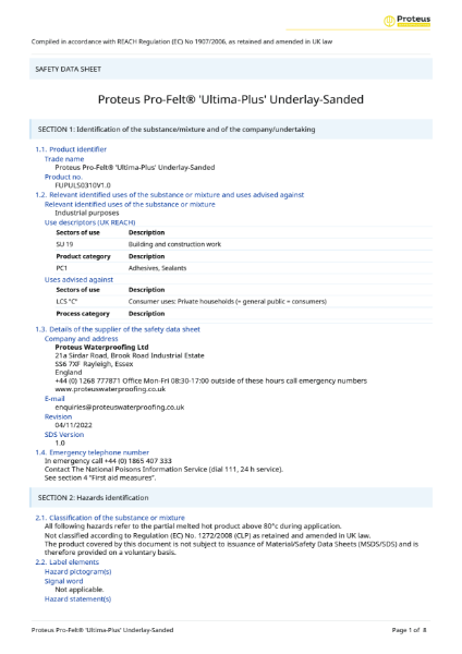 Safety Data Sheet - Proteus Pro-Felt® Ultima Plus Sanded Underlay