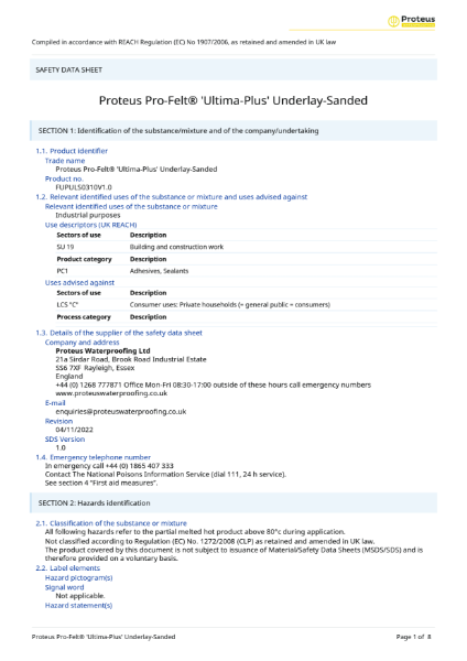 Material Safety Data Sheet - Proteus Pro-Felt® Ultima Plus Sanded Underlay