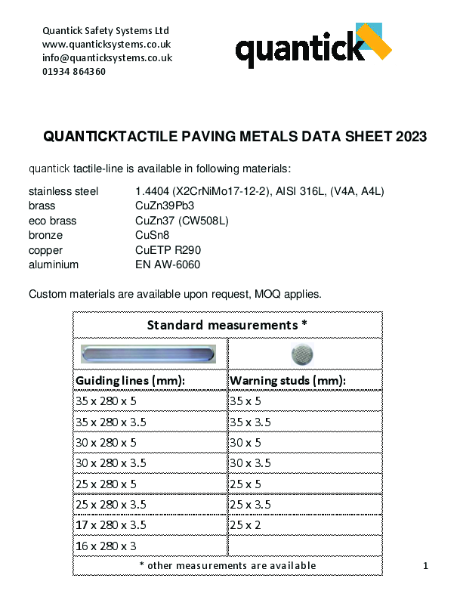 Quantick Metal Tactile Paving Data Sheet