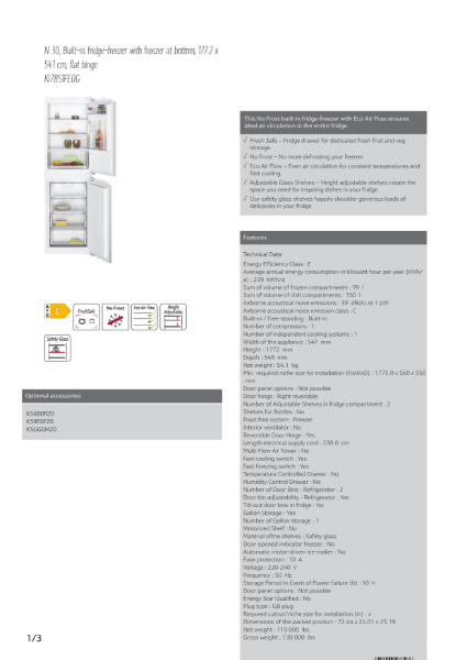 N 30, Built-in fridge-freezer with freezer at bottom, 177.2 x
54.1 cm, flat hinge