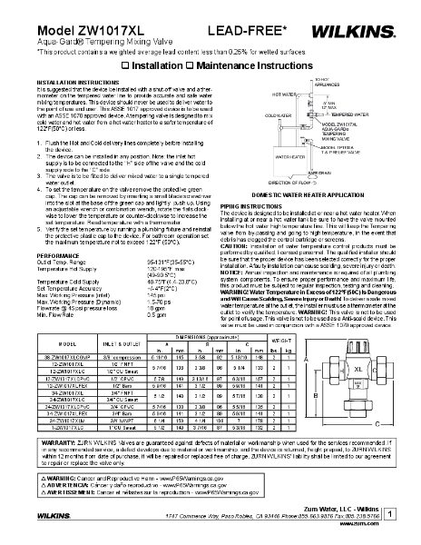 Installation and Maintenance Instructions - Model ZW1017XL