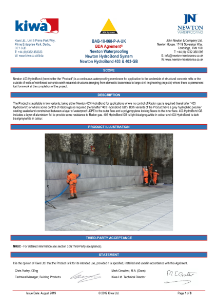 Newton HydroBond 403 Plus BDA Certificate