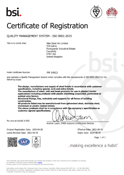 Catnic ISO 9001 Certification