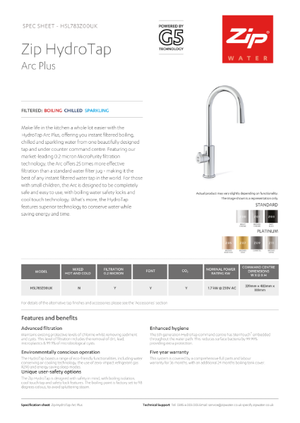 Specification Sheet Arc Plus Boiling Chilled Sparkling