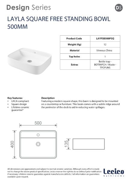 Layla Square Free Standing Bowl 500mm 1 Taphole