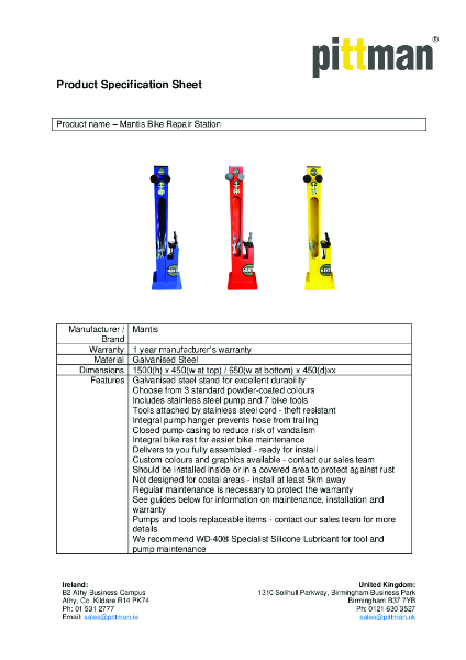 Mantis Bike Repair Station - Data Sheet