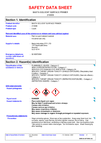 Baxta solvent Primer Safety Data Sheet.