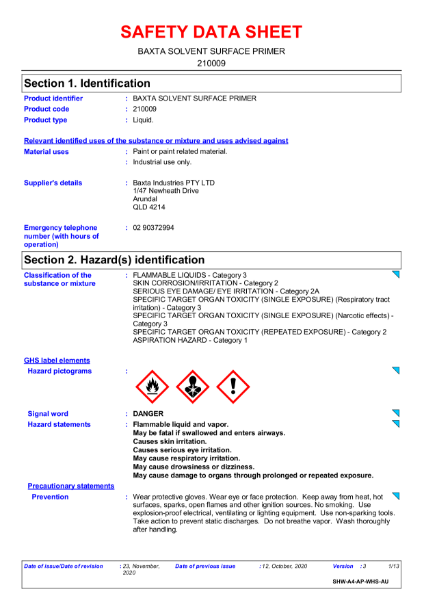 Baxta Solvent Primer Safety Data Sheet Nbs Source 