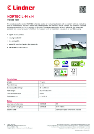 Calcium sulphate raised access floor - NORTEC - L 44 H - Data Sheet