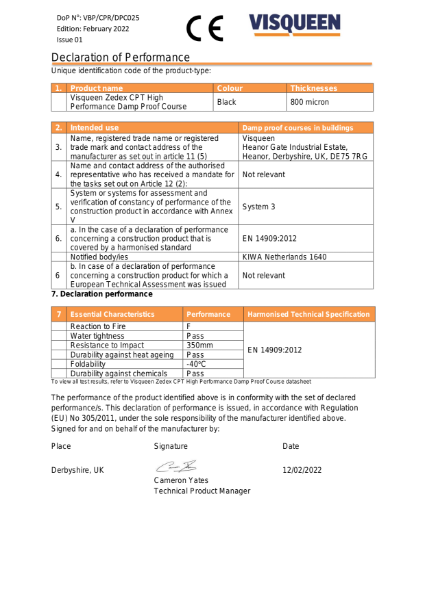 DPC CE Visqueen Zedex CPT High Performance Damp Proof Course Declaration of Performance