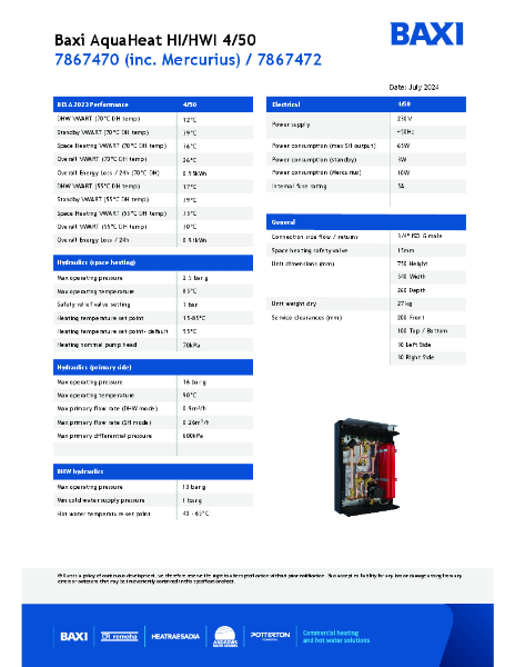BAXI AquaHeat HI/HWI 4/50 - Technical Data Sheet